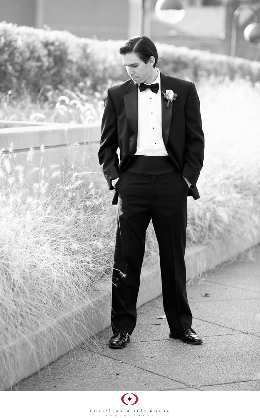 Groom black and white wedding portrait Chatham Center Pittsburgh