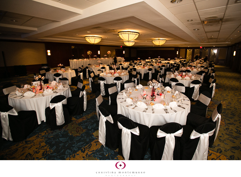 Black White Red Wedding Details - Red Votive Candle Holders, Black Chair Covers with White Bows, Sheraton Station Square Pittsburgh