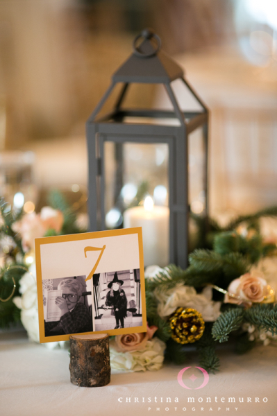 Lantern, Pine Cone and Floral Wedding Reception Centerpieces at