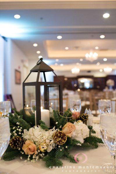 Lantern, Pine Cone and Floral Wedding Reception Centerpieces at Twelve Oaks Mansion