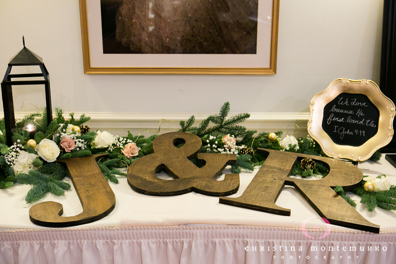 Reception Decor Gold Initials, Greens and Pine Cones