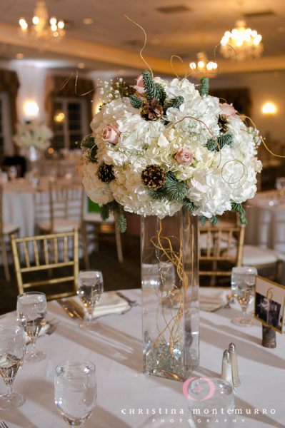 Lantern, Pine Cone and Floral Wedding Reception Centerpieces at Twelve Oaks Mansion