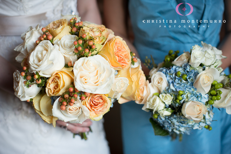 Blumengarten Pittsburgh Florist, bridal bouquet, bridesmaid bouquet, light blue bridesmaid dress, Pittsburgh wedding photographer, Pittsburgh Wedding Photography, rose hydrangea berry bouquet