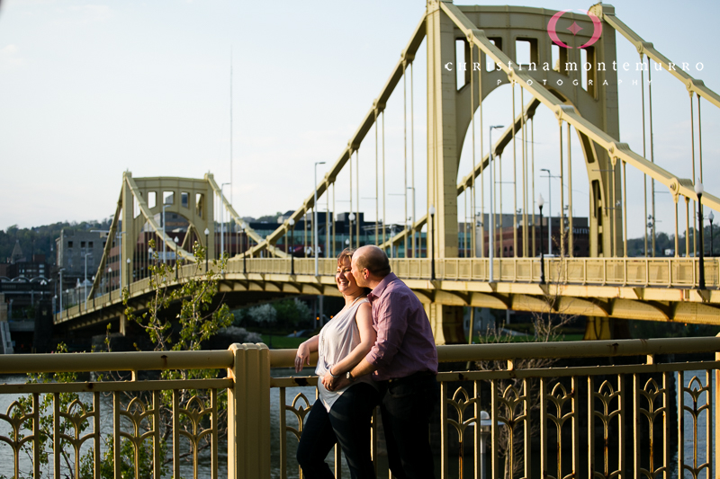 Rebekah Matt Downtown Pittsburgh Spring Engagement Photos Roberto Clemente Bridge