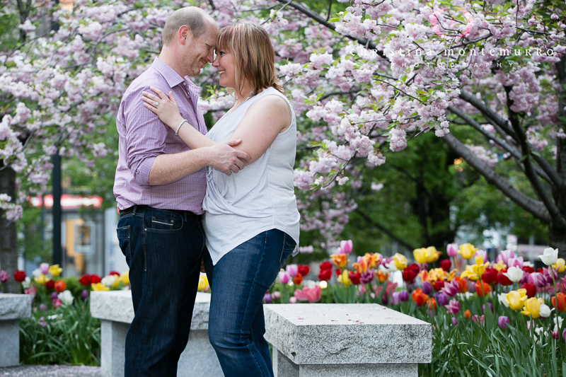 Rebekah Matt Downtown Pittsburgh Spring Engagement Photos Mellon Green Tulips Spring Flowering Trees