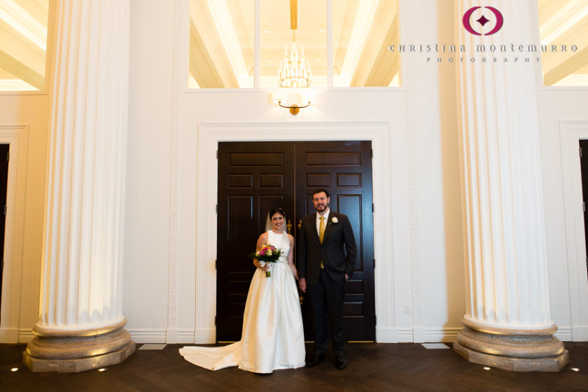 Kimpton Hotel Monaco Pittsburgh Wedding Photos Bride and Groom Portrait in White Banquet Foyer