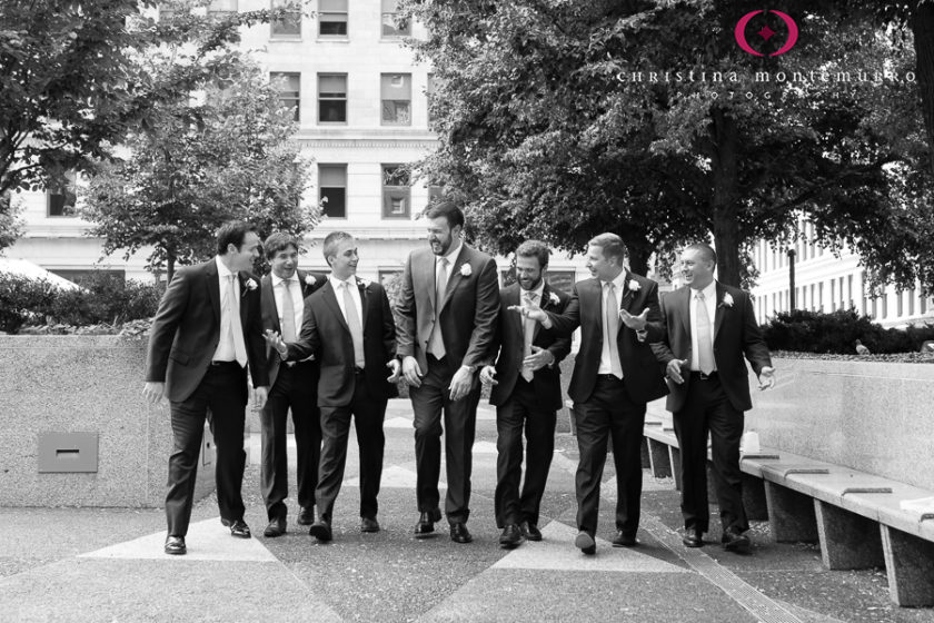 Pittsburgh Wedding Photos Groom and Groomsmen Portrait Mellon Square Plaza