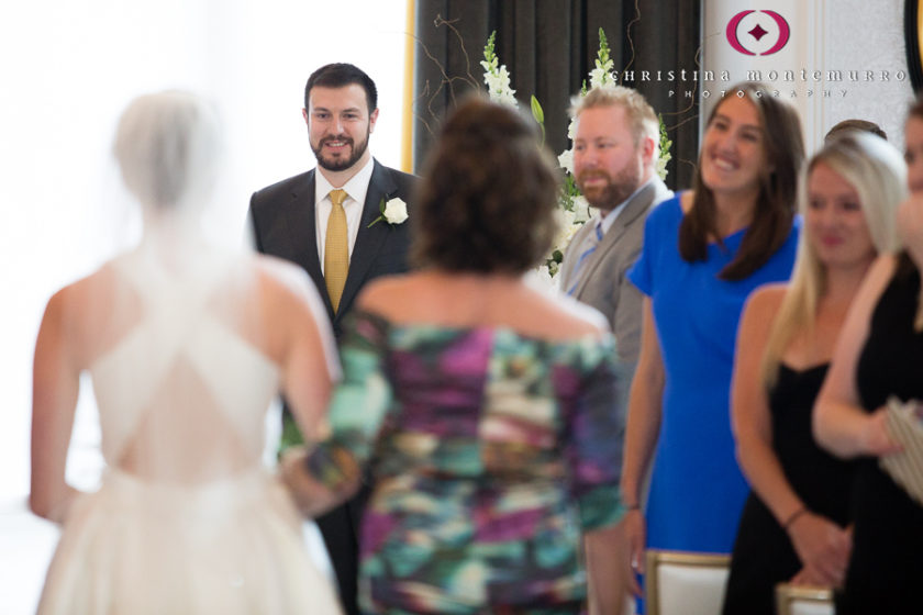 Kimpton Hotel Monaco Pittsburgh Groom Watching Bride Walk Down the Aisle Sofia Ballroom Wedding Ceremony