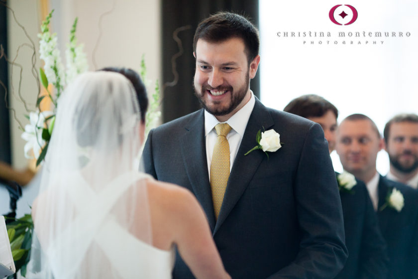 Kimpton Hotel Monaco Pittsburgh Wedding Photos Happy Groom during Wedding Ceremony in the Sofia Ballroom