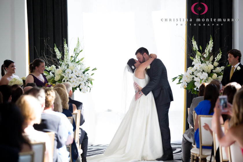 Kimpton Hotel Monaco Pittsburgh Bride and Groom First Kiss Wedding Ceremony Sofia Ballroom 