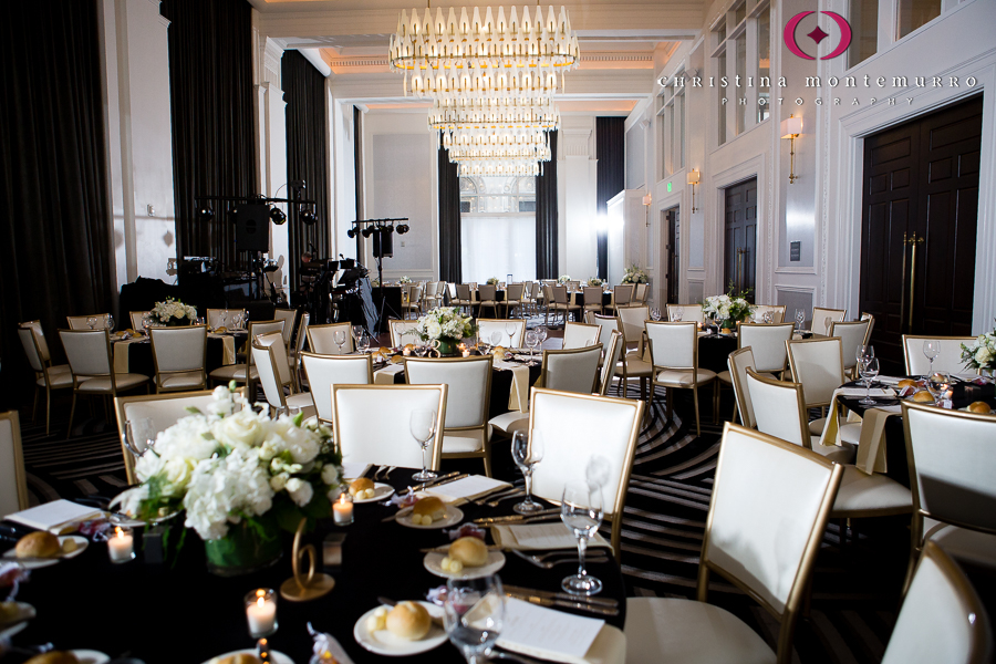 Kimpton Hotel Monaco Pittsburgh Wedding Photos Sheffield Ballroom Reception with Black Linens and White Floral Table Centerpieces