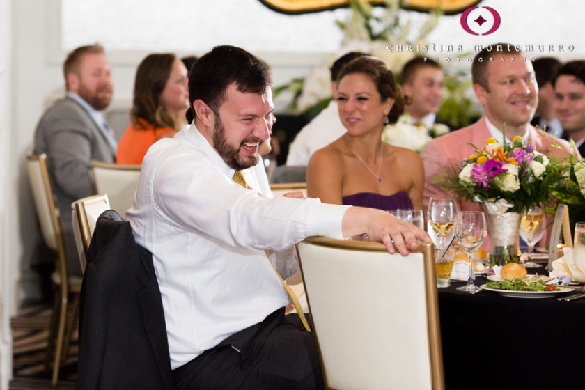 Kimpton Hotel Monaco Pittsburgh Wedding Photos Sheffield Ballroom Groom Laughing at Best Man Speech