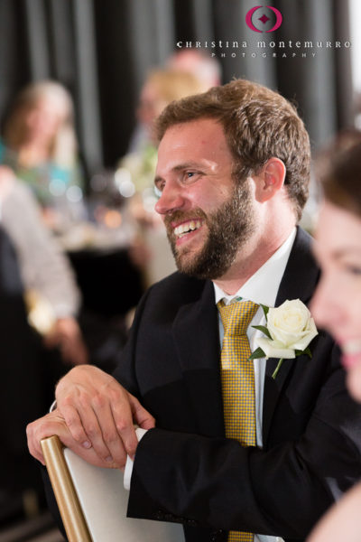 Kimpton Hotel Monaco Pittsburgh Wedding Photos Sheffield Ballroom Groomsman Laughing at Best Man Speech