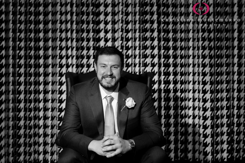 Kimpton Hotel Monaco Pittsburgh Wedding Photos Grom Portrait Black and White Houndstooth Curtains