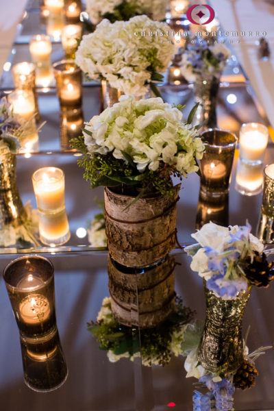 Winter Rustic Wedding Theme Heinz History Center Mueller CenterPine Cones Head Table Bouquets Candles Votives