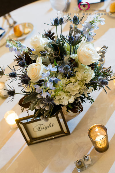 Winter Rustic Wedding Theme Heinz History Center Mueller CenterPine Cones Head Table Bouquets Candles Votives 