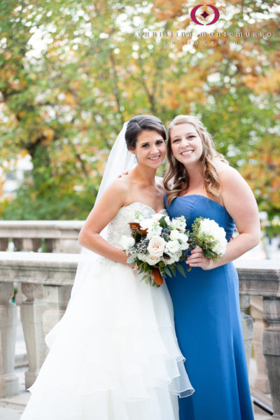 November Wedding Blue Bridesmaid Dress White Bouquet 