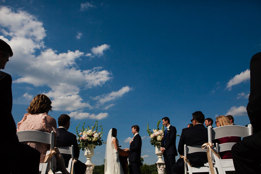 Outdoor June Wedding Ceremony outside Fox Chapel Golf Club Shooting Lodge