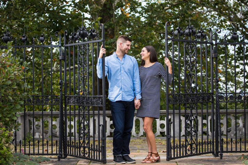 Engagement session at Mellon Park iron gates 