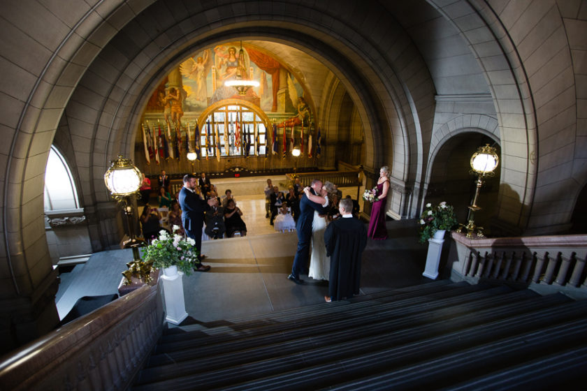 Bride and Groom first kiss at the end of their wedding ceremony at Pittsburgh Courthouse