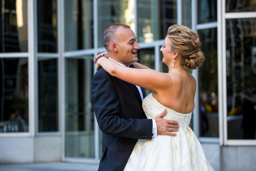 Bride and Groom First Look PPG Plaza