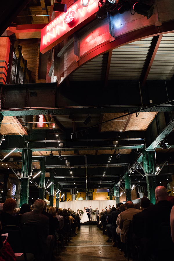 Wedding Ceremony with White Drape in the Heinz History Center Great Hall