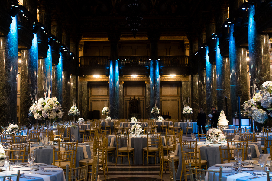 Blue White Winter Wedding with Blue Uplighting Carnegie Music Hall Foyer