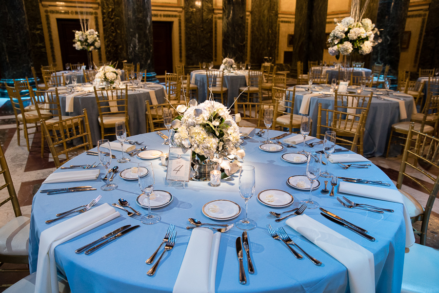 Blue White Winter Wedding with Blue Uplighting Carnegie Music Hall Foyer