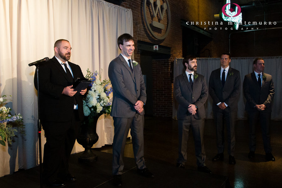 Bride and Groom at Wedding Ceremony in Great Hall with Cream Linen Backdrop Drape