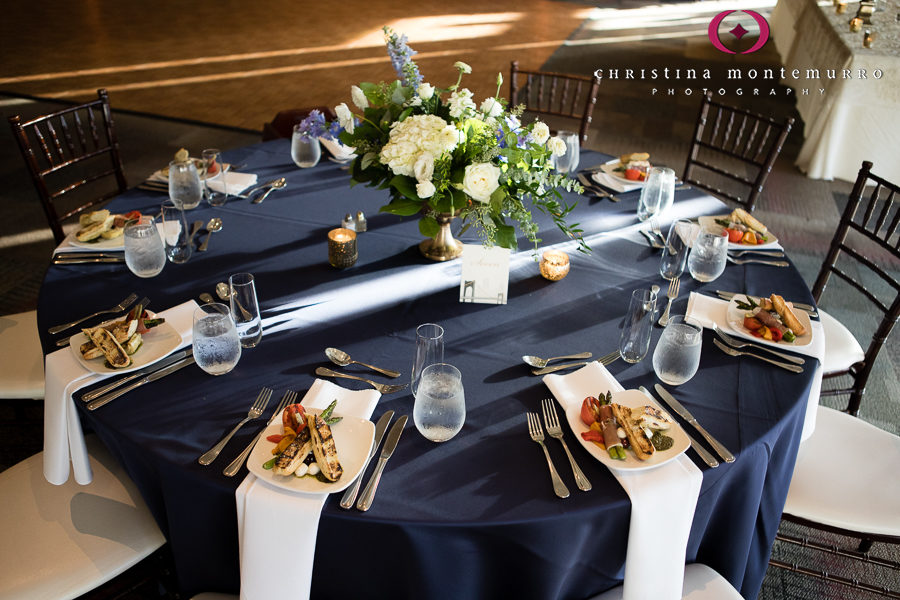 Empty Ballroom with Navy Linens, Dark Brown Chiavari Chairs and Bistro Lights at Heinz History Center Farmers Daughter Florist