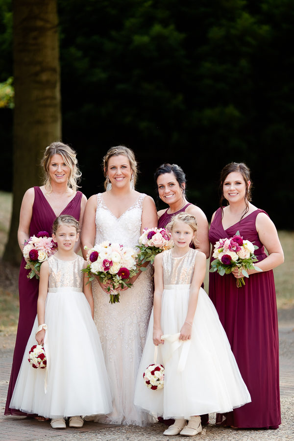 Bride and Bridesmaids Fall Wedding Cranberry Bridesmaid Dresses