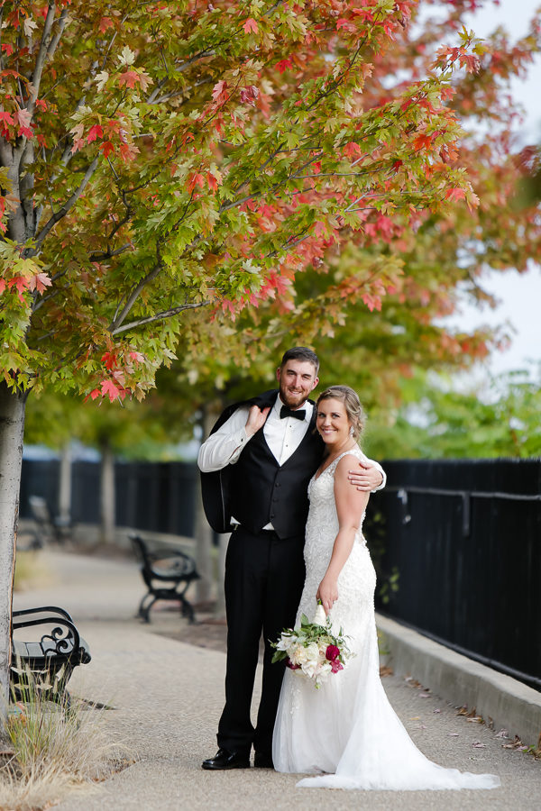 Bride and Groom with Fall Foliage at Duquesne University Wedding