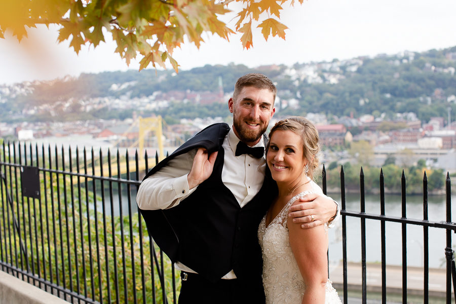 Bride and Groom with Fall Foliage at Duquesne University Wedding