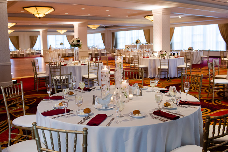 Marriott City Center Grand Ballroom White Linens Burgundy Napkins