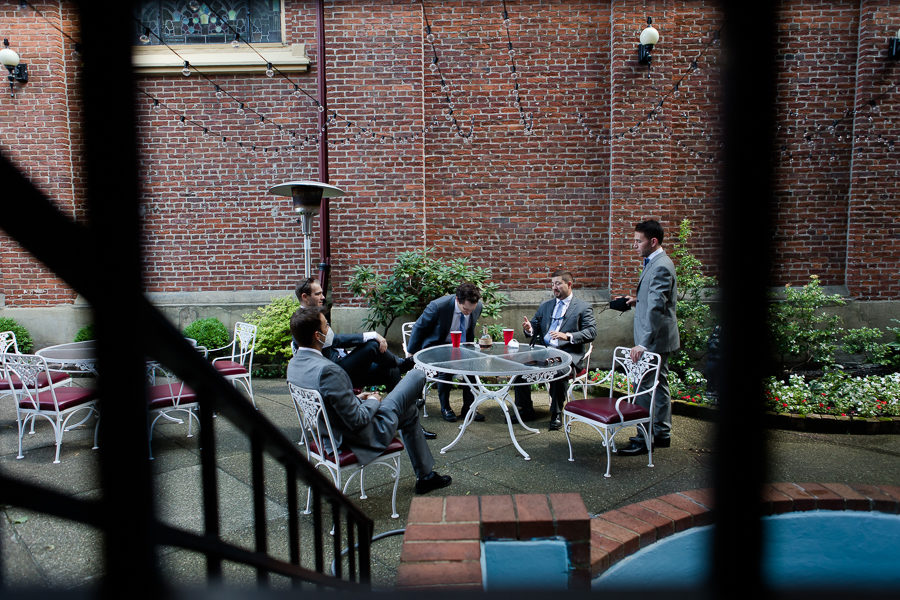 Groomsmen relaxing at the Priory Hotel